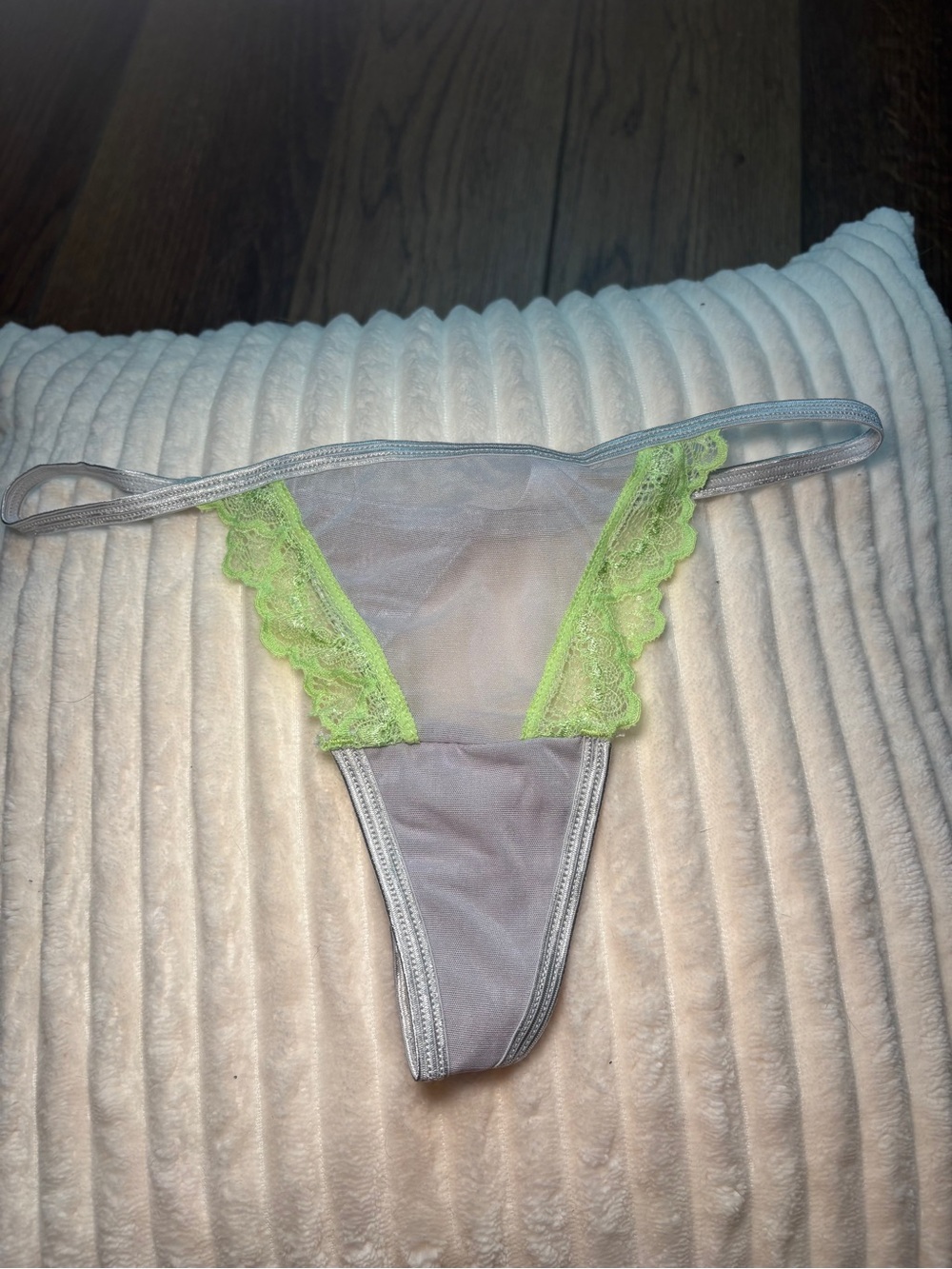 Victoria's Secret Sheer Gray Thong with Lime Green Lace Trim
